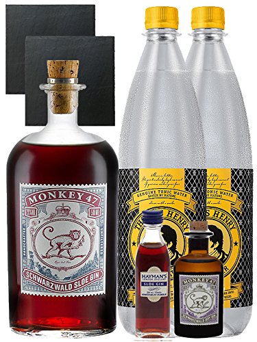 Gin-Set Monkey 47 SLOE GIN Schwarzwald Dry Gin 0,5 Liter + Haymans Sloe Gin 5cl + Monkey 47 Schwarzwald Dry Gin 5cl MINIATUR + 2 x Thomas Henry Tonic Water 1,0 Liter + 2 Schieferuntersetzer quadratisch 9,5 cm von Monkey 47