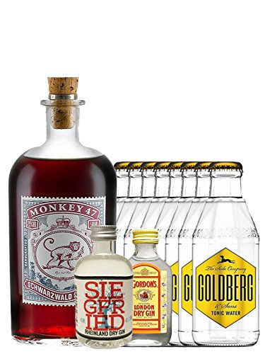 Gin-Set Monkey 47 SLOE GIN Schwarzwald Dry Gin 0,5 Liter + Siegfried Dry Gin Deutschland 4cl + Gordons Dry Gin 5cl + 8 x Goldberg Tonic Water 0,2 Liter von Monkey 47