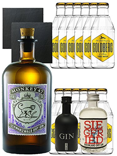 Gin-Set Monkey 47 Schwarzwald Dry Gin 0,5 Liter + Black Gin Gansloser Deutschland 5cl + Siegfried Dry Gin Deutschland 4cl + 12 x Goldberg Tonic Water 0,2 Liter + 2 Schieferuntersetzer quadratisch 9,5 cm von Monkey 47