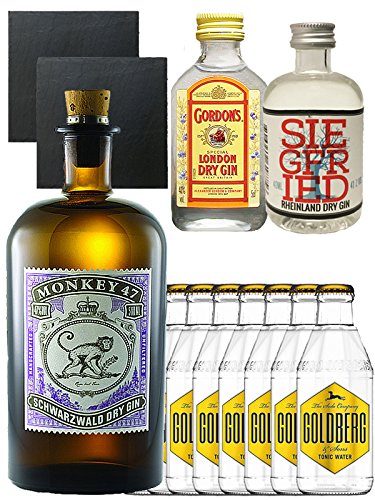 Gin-Set Monkey 47 Schwarzwald Dry Gin 0,5 Liter + Siegfried Dry Gin Deutschland 4cl + Gordons Dry Gin 5 cl + 8 x Goldberg Tonic Water 0,2 Liter + 2 Schieferuntersetzer quadratisch 9,5 cm von Monkey 47