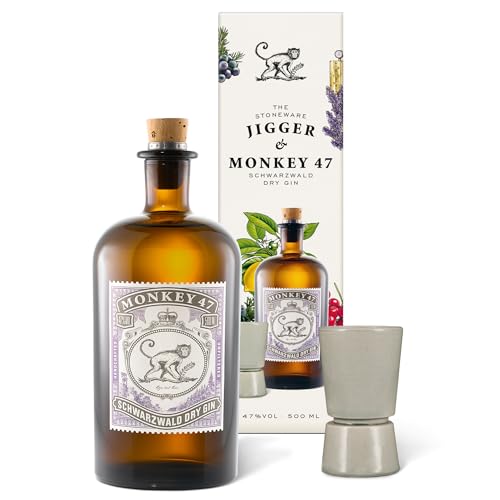 Monkey 47 & Jigger Set, Schwarzwald Dry Gin, harmonischer Premium Gin mit Wacholder-Aroma & frischen Zitronen- und Fruchtnoten, 1 x 0,5 L von Monkey 47