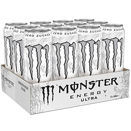 Monster Energy Ultra White - koffeinhaltiger Energy Drink mit sanftem Zitrus-Geschmack - ohne Zucker und ohne Kalorien - in praktischen Einweg Dosen (12 x 500 ml) von Monster Energy