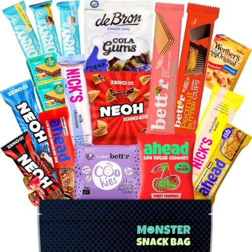 20 Zuckerfreie Süssigkeiten ohne Zucker oder Zuckerzusatz als Probierpaket oder als Geschenkidee - Keto Süßigkeiten low carb mit Schokolade auch für Diabetiker von Monster SnackBag