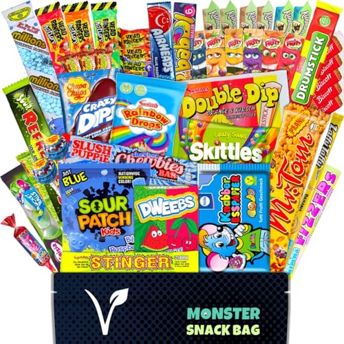 50 Vegane Süßigkeiten aus aller Welt in einer Box auch als Geschenkidee oder für Partys - Süssigkeiten XXL Mix vegan, vegetarisch, laktosefrei von Monster SnackBag