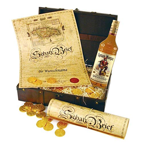 Monsterzeug Captain Morgan Geschenkbox, 3 teiliges Geschenkset mit Alkohol, Geschenktruhe für Rum Liebhaber, Schatztruhe mit Urkunde von Monsterzeug