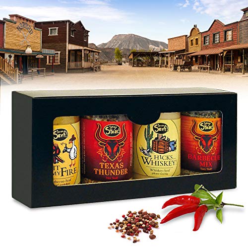 Monsterzeug Cowboy Grillgewürze Geschenkset, BBQ Gewürze 4er Set, Wilder Westen Edition, Barbecue-Senf Light My Fire, Hicks Whiskey-Senf, TexasThunder Gewürz, Barbecue Mix von Monsterzeug