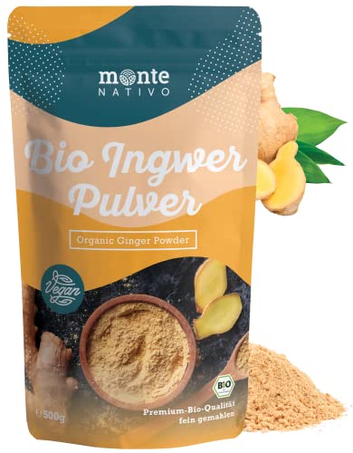 Bio Ingwerpulver (500g) von Monte Nativo | Ingwer aus Indien, abgefüllt in Deutschland | Ayurveda | Ingwerwurzel, fein gemahlen und sorgfältig getrocknet | Für Ingwer Tee, Curry oder Ingwer shot von Monte Nativo