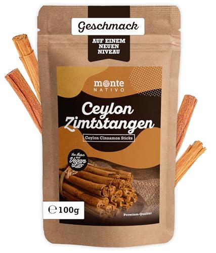 Ceylon Zimtstangen Monte Nativo (100g) - aromatisch Ceylon Zimt ganz - als Gewürz oder Zimtstangen deko - Zimtstangen essbar, perfekt für Glühwein und Wintertee - Weihnachten Gewürze-Cinnamon sticks von Monte Nativo