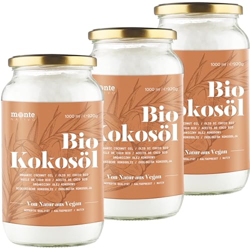 MonteNativo Bio Kokosöl - Bio Kokosfett, Bio Kokosnussöl, Premium, Nativ und Naturrein, 1. Kaltpressung, Rohkostqualität - zum Kochen, Braten und Backen, für Haare und Haut (3 x 1000ml Schraubglas) von Monte Nativo