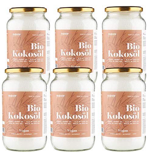 MonteNativo Bio Kokosöl - Bio Kokosfett, Bio Kokosnussöl, Premium, Nativ und Naturrein, 1. Kaltpressung, Rohkostqualität - zum Kochen, Braten und Backen, für Haare und Haut (6 x 1000ml Schraubglas) von Monte Nativo