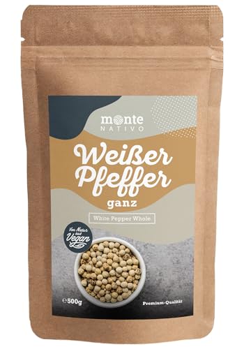 Pfefferkörner weiß Monte Nativo (500g) - Hochwertige, ganze, weiße Pfefferkörner ideal zum Kochen und Würzen - Perfekt für Pfeffermühle - Intensives Aroma und Geschmack für Ihre Küche von Monte Nativo