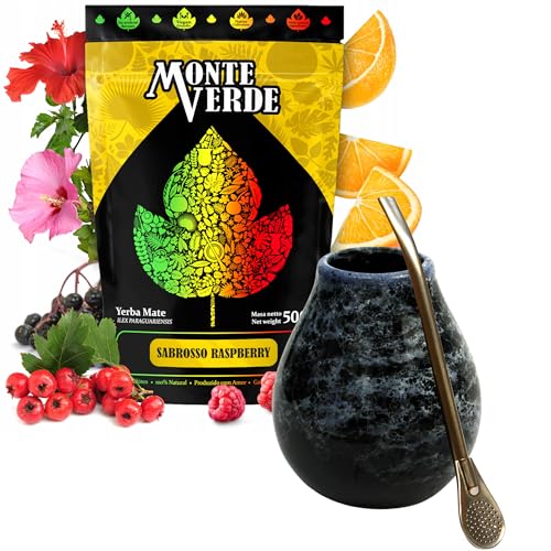 Yerba Mate-Tee Set mit Yerba Mate Monte Verde Raspberry 500g ● Mate Tee mit Himbeerfrucht ● Keramik mate-tee tasse Marmol 350ml ● Edelstahl Bombilla 19cm von Mate Green