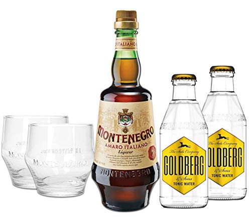 Montenegro & Tonic Set - Montenegro Amaro Italiano Likör 0,7L (23% Vol) + 2x Goldberg Tonic Water 200ml inkl. Pfand MEHRWEG + 2x Gläser Tumbler Glas von Montenegro-Montenegro