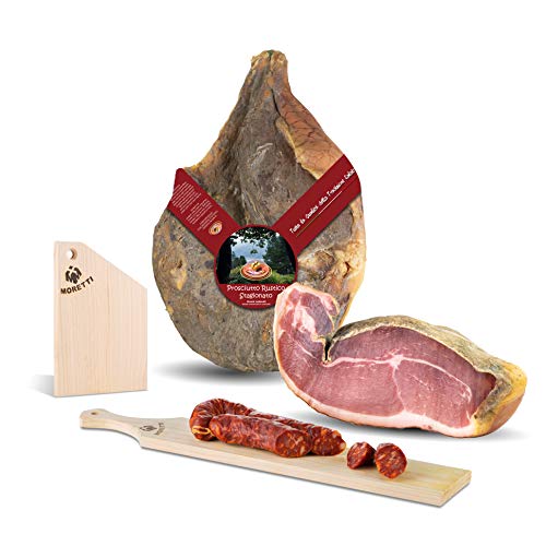 Moretti® Rohschinken Prosciutto | 6,5kg | Dünn gewürzt | 100% natürlich | Ohne Konservierungsstoffe | Tribute Holzschneidebrett und traditionelle Wurst | Hergestellt in Kalabrien (ohne Knochen) von Moretti