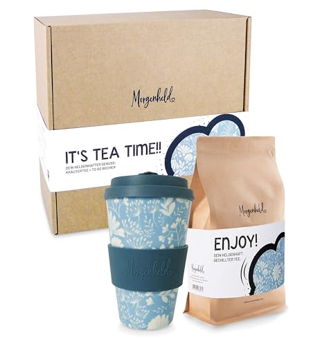 Morgenheld ENJOY! Tee Geschenkset mit Tasse Geschenk Set - 100g Kräutertee und Porzellan Becher to go Geschenk Set zu Muttertag Valentinstag Ostern oder Weihnachten von Morgenheld