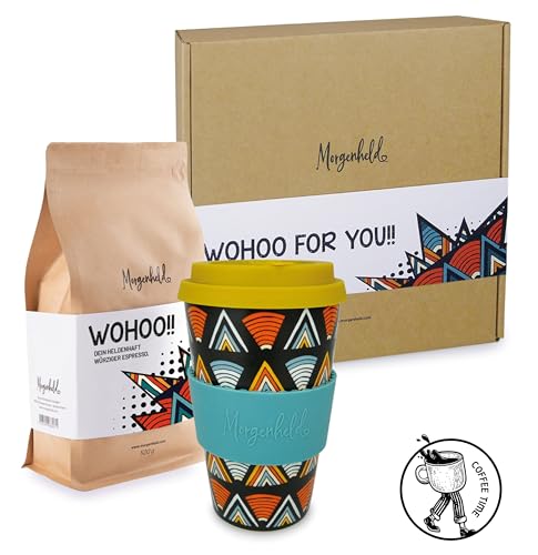 Morgenheld Kaffee Geschenkbox WOHOO FOR YOU - Espresso Kaffeebohnen 500g und Porzellan Becher Coffee to go - Heldenhaftes Geschenk Set für alle Kaffeeliebhaber von Morgenheld