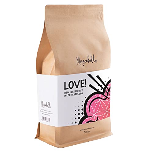 Morgenheld LOVE Premium Kaffeebohnen Arabica Robusta Espresso, kräftig mild und säurearm, 500g ganze Bohnen von Morgenheld