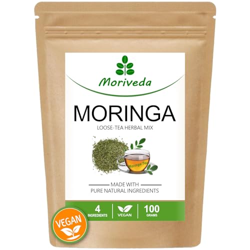 MoriVeda Moringa Oleifera Tee 100g, loser Tee aus getrockneten Moringa Blättern in Zip-Beutel, Tee Mischung mit Ingwer, Lakritze und Kardamom, vegan von MoriVeda