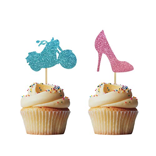 Morndew 24 PCS Glitter Wheels or Heels Cupcake Toppers for Gender Reveal Party Baby Shower Birthday Party Decorations - Bo. von Morndew