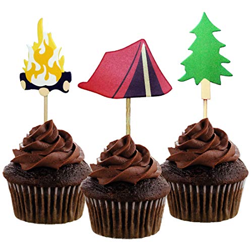 Morndew 24 Stück Lagerfeuer Zelt Camping Cupcake Topper für Waldpartys Happy Camper Party Holzfäller Party Camper Mottoparty Geburtstag Party Dekorationen von Morndew