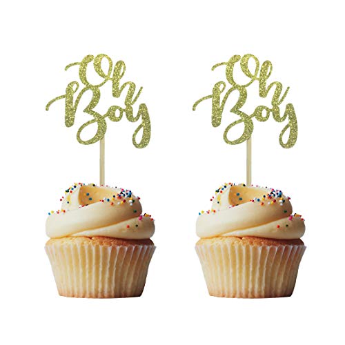 Morndew 24 Stück Oh Baby Jungen Mädchen Gold Glitzer Geburtstag Cupcake Topper für Mädchen „Oh boy“ gold von Morndew