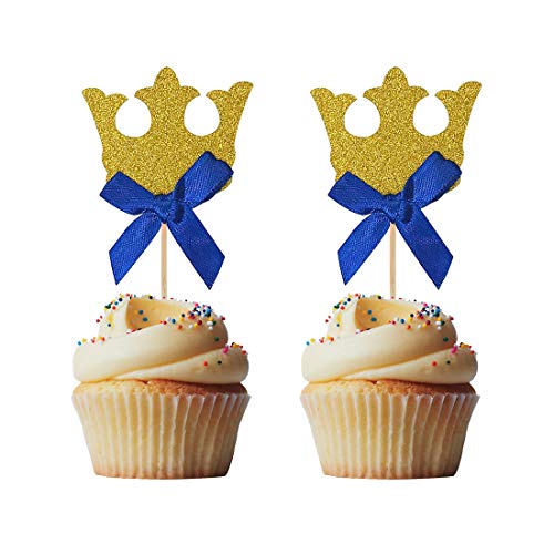 Morndew 24 Stück goldene glitzernde Königliche Prinz Krone Cupcake Topper mit blauen Schleifen für Jungen Geburtstag Party Hochzeit Party Babyparty Dekorationen von Morndew