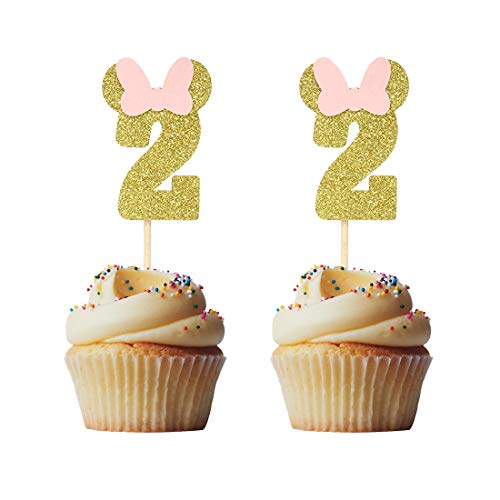 Morndew 24 Stück goldene und rosa glitzernde Minnie Zahl 2 Cupcake-Topper für Baby Mädchen zweiter Geburtstag Party Hochzeit Party Dekorationen von Morndew