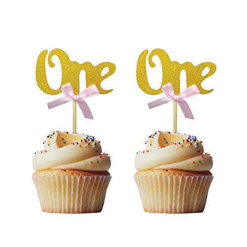 Morndew Cupcake-Topper mit pinker Schleife, glitzernd, goldfarben, 24 Stück von Morndew