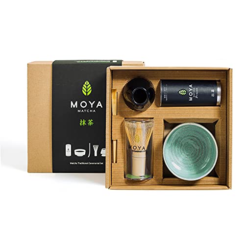 Organischer Moya Matcha Tee Set Pulver Grün | BIO 30 g Premium Klasse (I) | Verpackung + Matcha-Schale + Bambusbesen + Besenhalter+ Bambuslöffel | Set zur Matcha-Zubereitung | Geschenkset von Moya Matcha