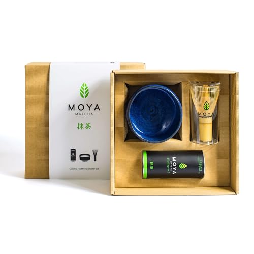 Organischer Moya Matcha Tee Set Pulver Grün | BIO 30g Traditionelle Klasse (II) | Verpackung + Blaue Matcha-Schale + Bambusbesen | Set zur Matcha-Zubereitung von Moya Matcha
