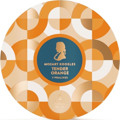 Mozart Koogles, Orange mozartkugeln, 7er Geschenkbox, Mozart-Kugeln aus Zartbitter-Schokolade, Gefüllt mit Marzipan, Mandeln und Haselnuss-Nougat und Orange, 119g von Mozart Koogles