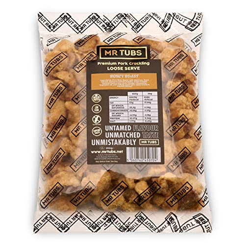 Mr Tubs Pork Crackling - 250g-Tüte - Premium Crackling, Keine Scratchings – Glutenfreier, Proteinreicher, Kohlenhydratarmer, Ketofreundlicher Snack (250g, Honigbraten) von Mr Tubs Pork Crackling