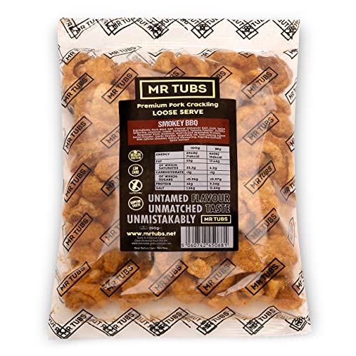 Mr Tubs Pork Crackling - 250g-Tüte - Premium Crackling, Keine Scratchings – Glutenfreier, Proteinreicher, Kohlenhydratarmer, Ketofreundlicher Snack (250g, Rauchiges BBQ) von Mr Tubs Pork Crackling