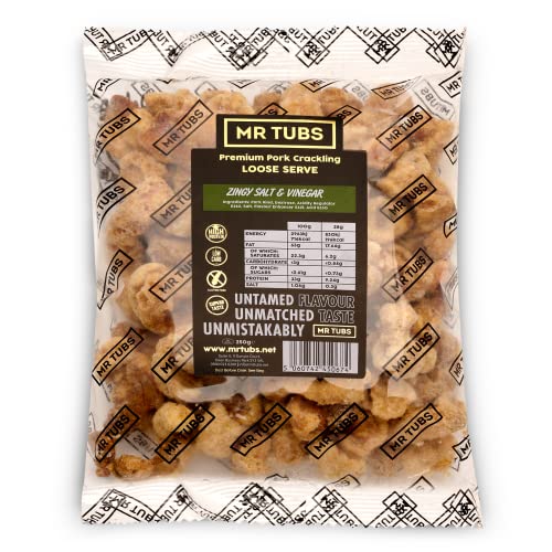 Mr Tubs Pork Crackling - 250g-Tüte - Premium Crackling, Keine Scratchings – Glutenfreier, Proteinreicher, Kohlenhydratarmer, Ketofreundlicher Snack (250g, Salz und Essig) von Mr Tubs Pork Crackling