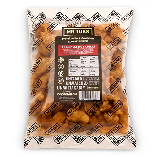 Mr Tubs Pork Crackling - 250g-Tüte - Premium Crackling, Keine Scratchings – Glutenfreier, Proteinreicher, Kohlenhydratarmer, Ketofreundlicher Snack (250g, Verführerisch scharfes Chili) von Mr Tubs Pork Crackling