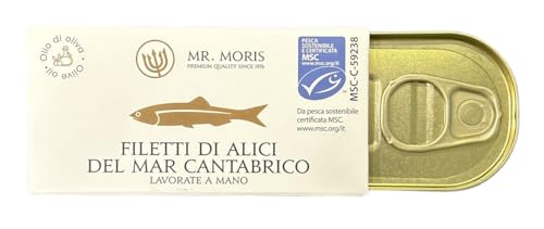 Mr. Moris® | Sardellenfilets aus dem Kantabrischen Meer in Olivenöl | Handgemachte | Kosher | MSC-zertifiziert aus nachhaltigem Fischfang | Im Premiumetui | 1 Packgun 50g von Mr.Moris