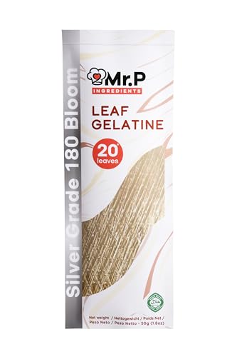 Mr.P Ingredients Blattgelatine Silberqualität 20 Blätter 50 g 180 Bloom Rindergelatine Halal Nicht-GVO Glutenfreie Wiederverschließbare Verpackung von Mr.P Ingredients