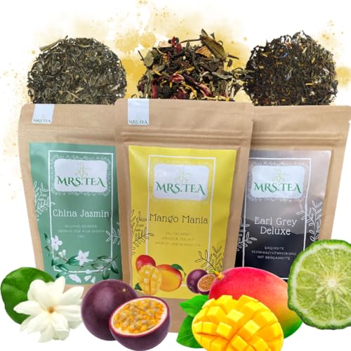 Mrs. Tea Teeset | Mango Mania 70 g, Earl Grey Deluxe 80 g und China Jasmin | Weißer Tee, Schwarzer Tee und Grüner Tee Jasmin | Natürliche lose Tees von Mrs. Tea