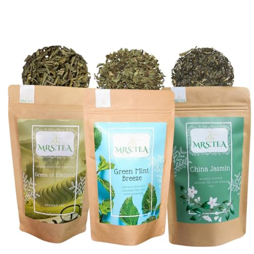 Mrs. Tea Grüner Tee Set – Hochwertige Auswahl an grünen Tees: Sencha Green of Zhejiang 90g, Green Mint Breeze 70g, China Jasmin 100g – Vegan, glutenfrei, laktosefrei von Mrs. Tea