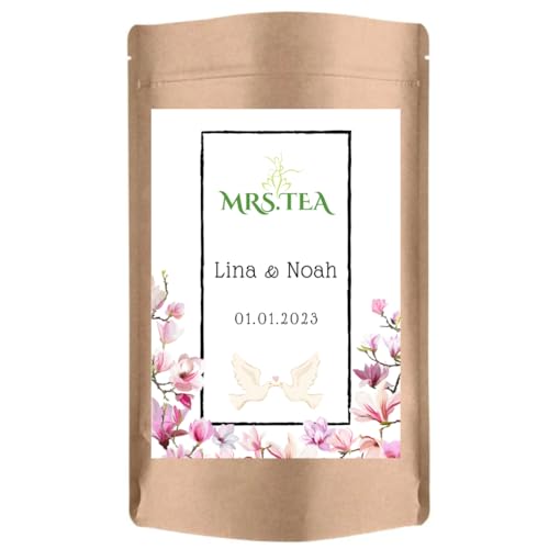 Personalosierter loser Tee | Geschenk Hochzeit Verlobung | Gastgeschenk | Mitgebsel | Mrs. Tea Earl Grey Deluxe 80g 25 Stück (weiß mit Blüten) von Mrs. Tea