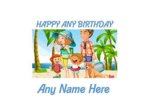 JPS Happy Birthday Cartoon Family Beach A4 personalisierbarer Zuckerguss-Blatt, vorgeschnitten von MuchoWow