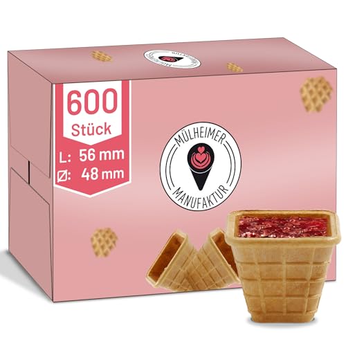 MyNaschbar Portionsbecher VEGAN Vierkant, 600 Stück, 40 ml, 56 mm lang, 48x48 mm – Knusprige Waffelbecher zum Befüllen – Ideal für Dips, Marmelade, Dekorationen & Fingerfood – Eisdielen-Qualität von Mülheimer Manufaktur Eiswaffeln