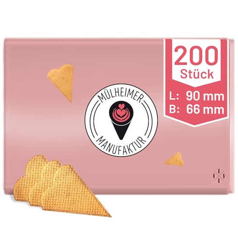 MyNaschbar Herzfächer ungeteilt 200 Stück, 90 mm x 66 mm, VEGAN – Knusprige Eiswaffel – Essbare Eiswaffel perfekt für Eisbecher, Garnierung, Deko & Co. – Eiswaffeln in Eisdielen-Qualität von Mülheimer Manufaktur