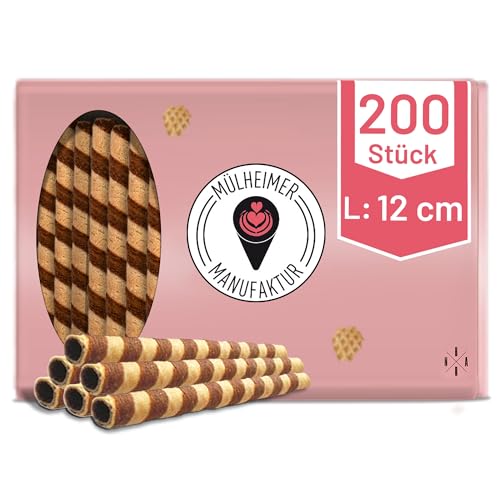 MyNaschbar Knusprige Hohlhippe 200 Stück, 12 cm lang – Waffelröllchen schokoliert – Essbare Eiswaffel perfekt für Eisbecher, Garnierung, Deko & Co. – Eiswaffeln in Eisdielen-Qualität von Mülheimer Manufaktur