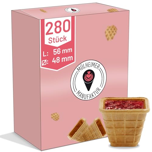 MyNaschbar Portionsbecher VEGAN Vierkant, 280 Stück, 40 ml, 56 mm lang, 48x48 mm – Knusprige Waffelbecher zum Befüllen – Ideal für Dips, Marmelade, Dekorationen & Fingerfood – Eisdielen-Qualität von Mülheimer Manufaktur Eiswaffeln