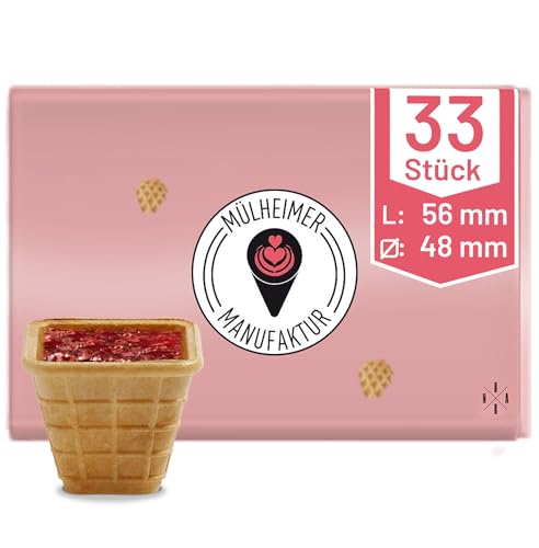 MyNaschbar Portionsbecher VEGAN Vierkant, 33 Stück, 40 ml, 56 mm lang, 48x48 mm – Knusprige Waffelbecher zum Befüllen – Ideal für Dips, Marmelade, Dekorationen & Fingerfood – Eisdielen-Qualität von Mülheimer Manufaktur Eiswaffeln