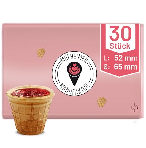 MyNaschbar Portionsbecher VEGAN rund, 30 Stück, 45 ml, 52 mm lang, Ø 65 mm – Knusprige Waffelbecher zum Befüllen – Ideal für Dips, Marmelade, Dekorationen & Fingerfood – Waffeln in Eisdielen-Qualität von Mülheimer Manufaktur