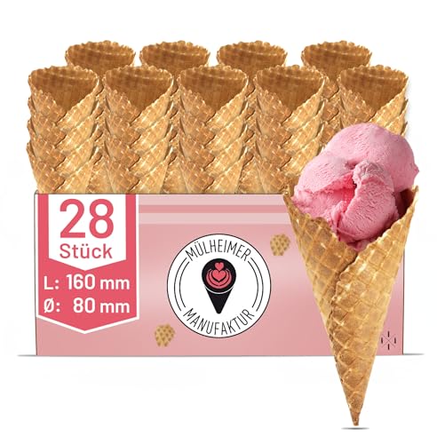 MyNaschbar Süße Eiswaffel Wundertüte 2x14 Stück, 160 mm lang, Ø 80 mm, VEGAN – Dänisch groß mit Karo – Essbare Eistüten für 4 Kugeln Eis oder Softeis – Eiswaffeln Hörnchen in Eisdielen-Qualität von Mülheimer Manufaktur