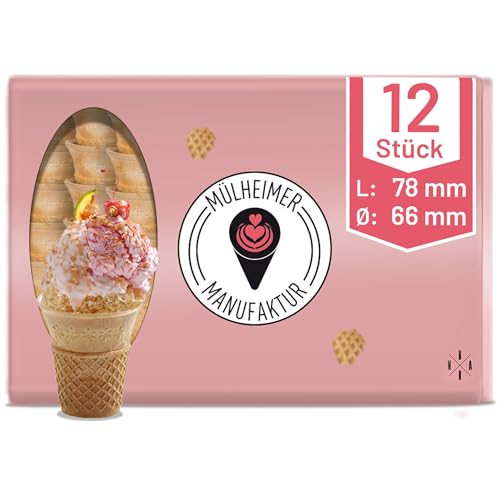 Halbsüße Softeisbecher - 12 Stück - Waffelbecher - groß mit Doppelrand - 70mm lang - 66mm Durchmesser - für Softeis - Eis - oder als Backform für Muffin & Cupcakes von Mülheimer Manufaktur