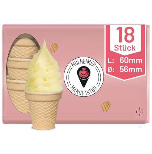 Halbsüße Softeisbecher - 18 Stück - Waffelbecher - klein mit Doppelrand - 60mm lang - 56mm Durchmesser - für Softeis - Eis - oder als Backform für Muffin & Cupcakes - Mülheimer Manufaktur Eiswaffeln von Mülheimer Manufaktur